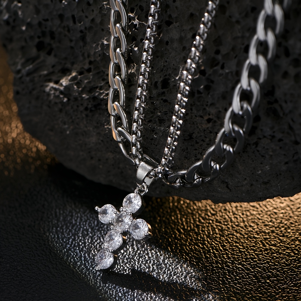 2pcs Minimalist Stacking Necklace Set with Cubic Zirconia Cross